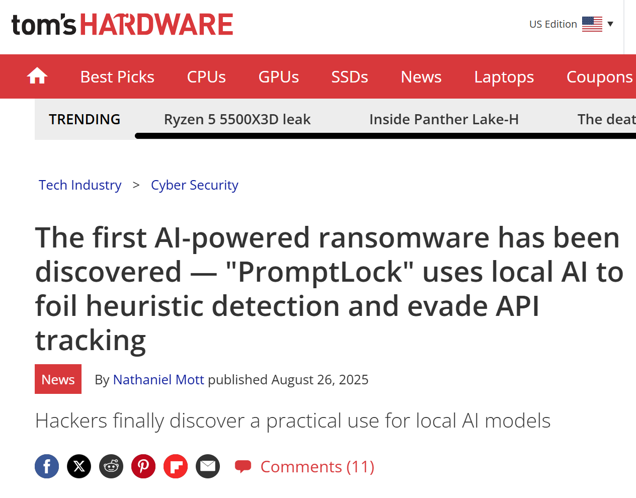 The first AI-powered ransomware has been discovered — “PromptLock” uses local AI to foil heuristic detection and evade API tracking