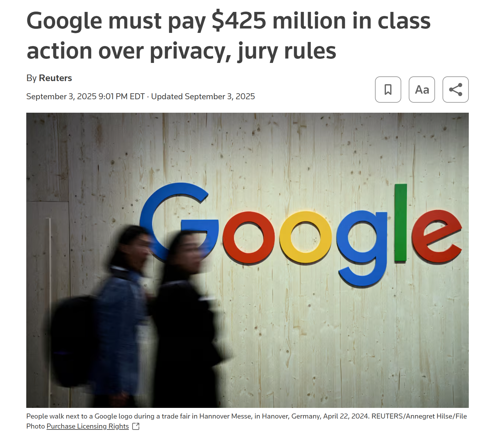 Google must pay $425 million in class action over privacy, jury rules [Reuters]
