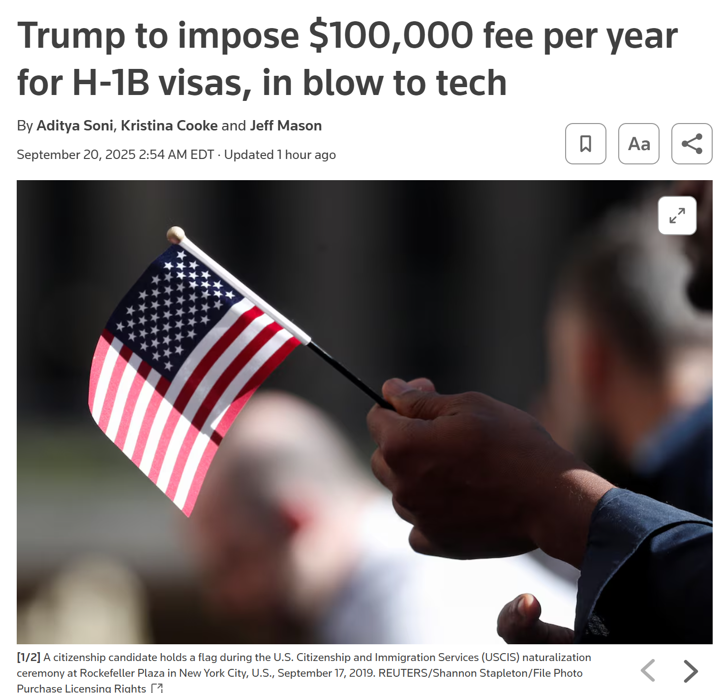 Trump to impose $100,000 fee per year for H-1B visas, in blow to tech