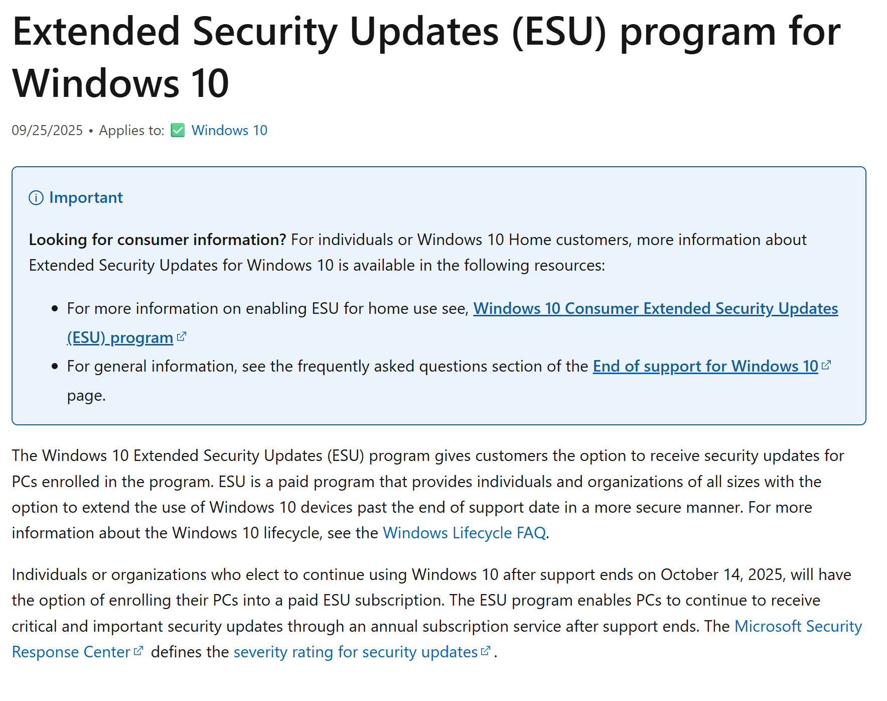 Extended Security Updates (ESU) program for Windows 10