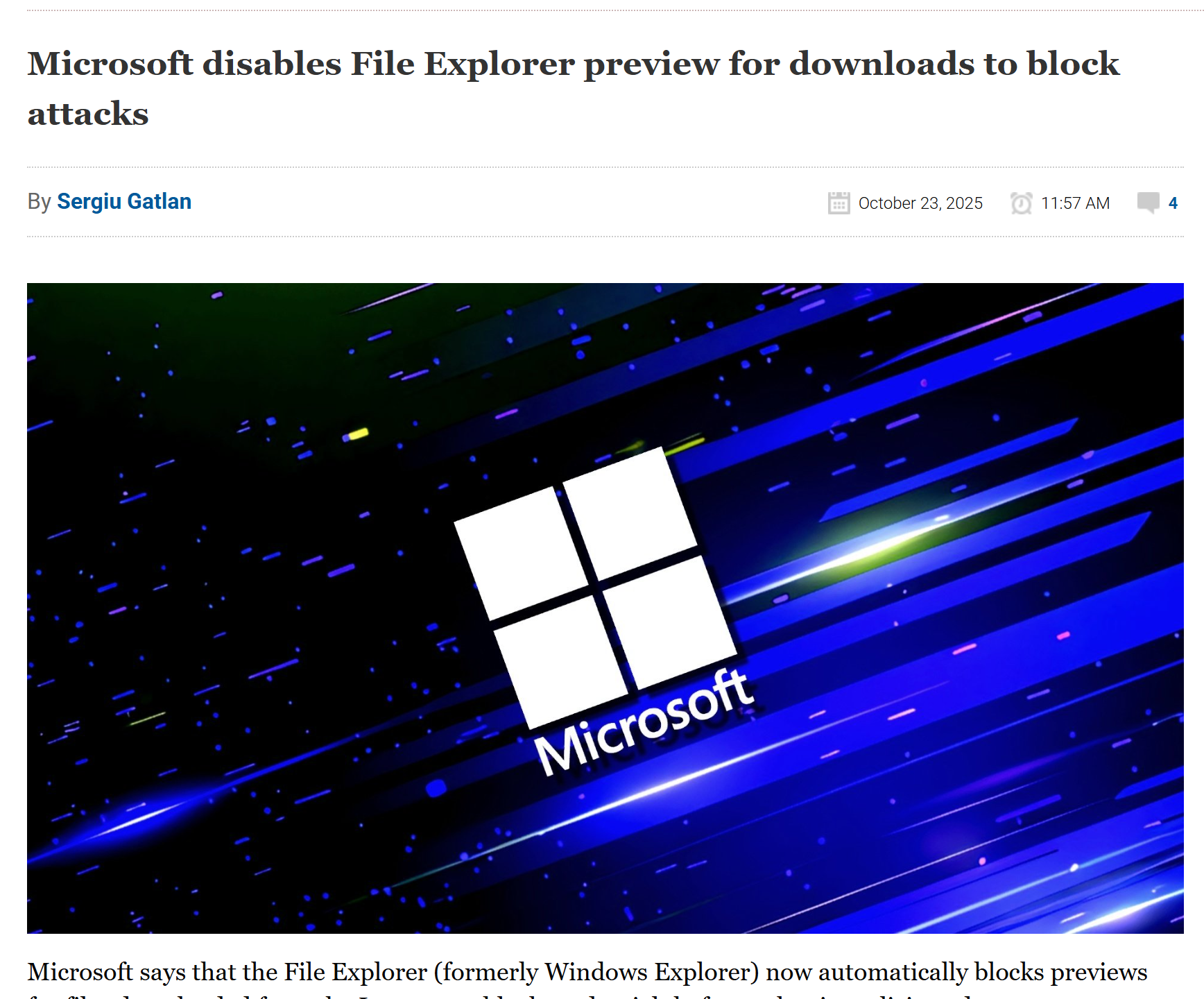 Microsoft disables File Explorer preview for downloads to block attacks