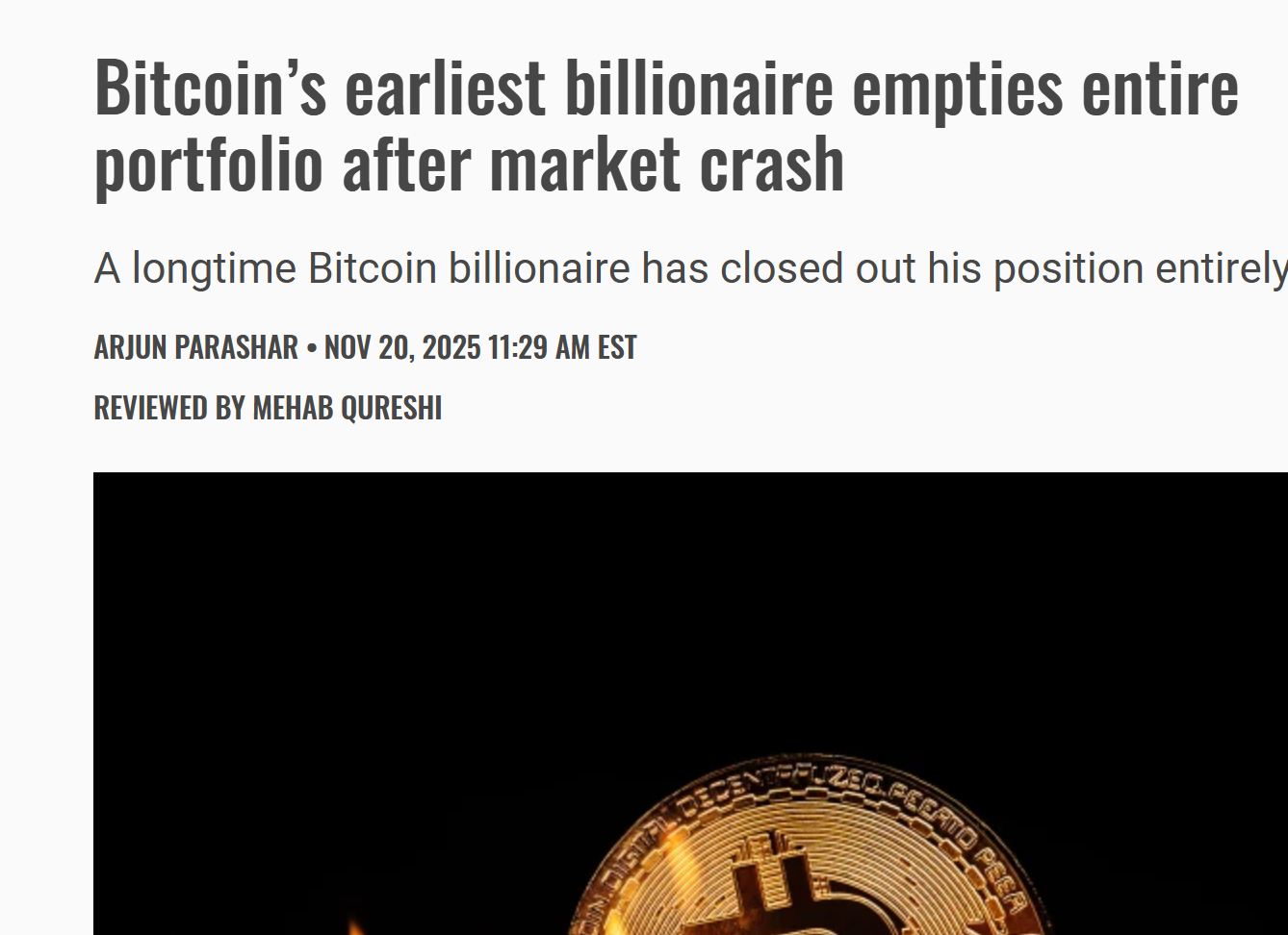 Bitcoin’s earliest billionaire empties entire portfolio after market crash
