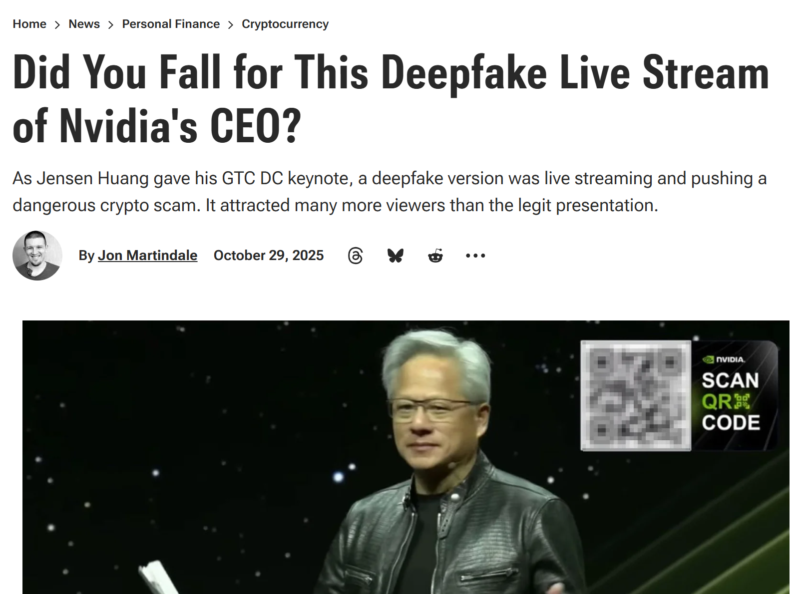 Did You Fall for This Deepfake Live Stream of Nvidia's CEO? [PC Magazine]