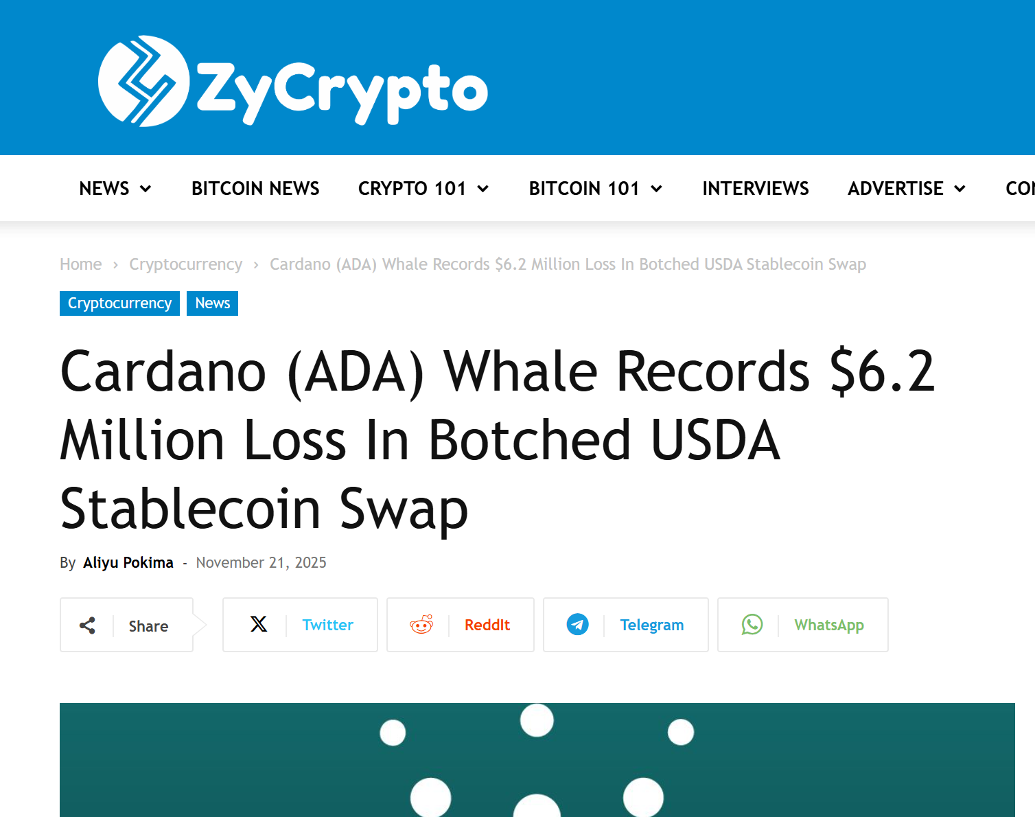 Cardano (ADA) Whale Records $6.2 Million Loss In Botched USDA Stablecoin Swap