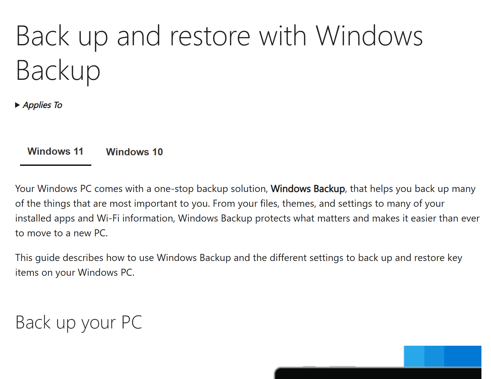 Back up and restore with Windows Backup
