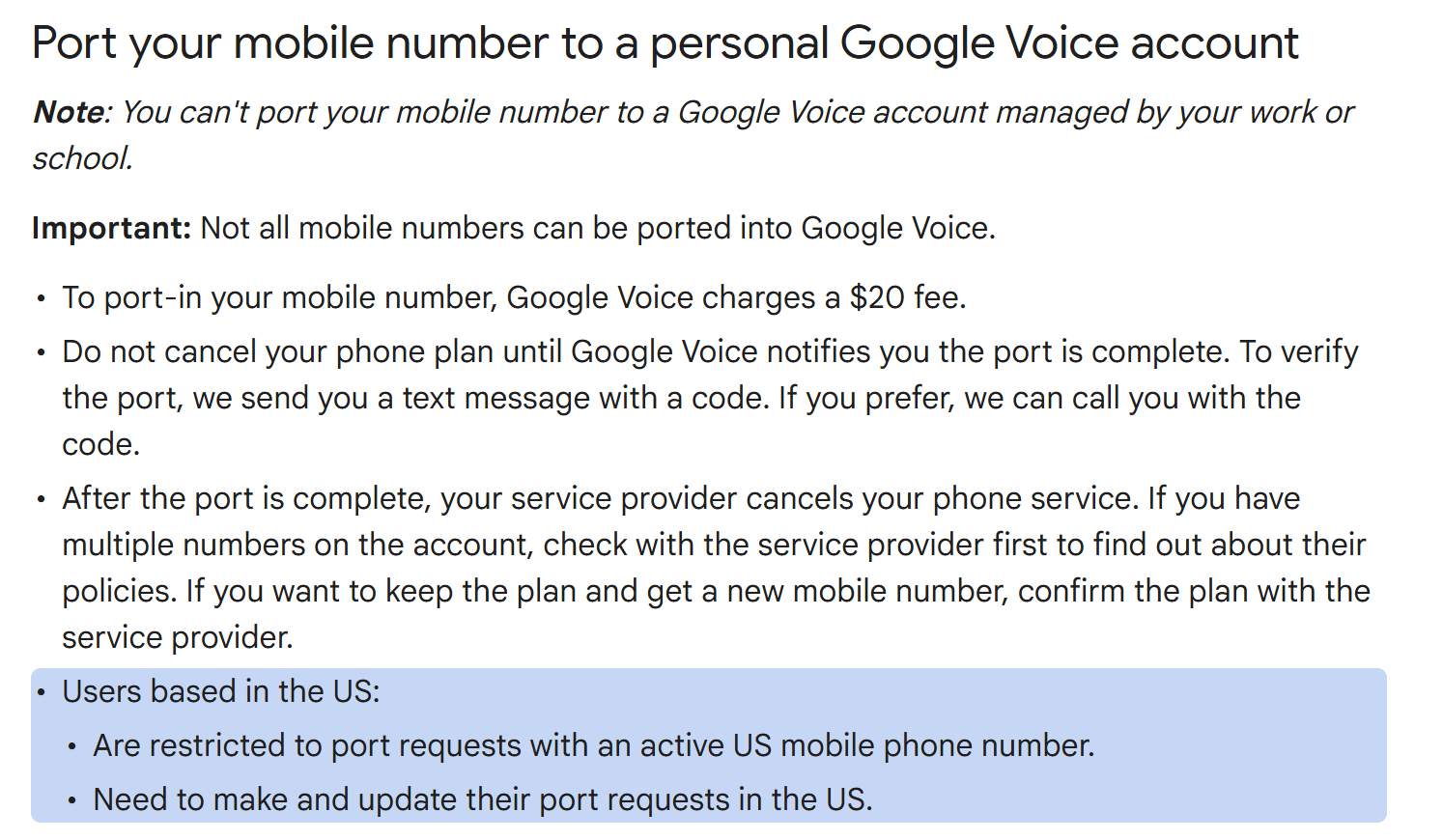 Port your mobile number to a personal Google Voice account