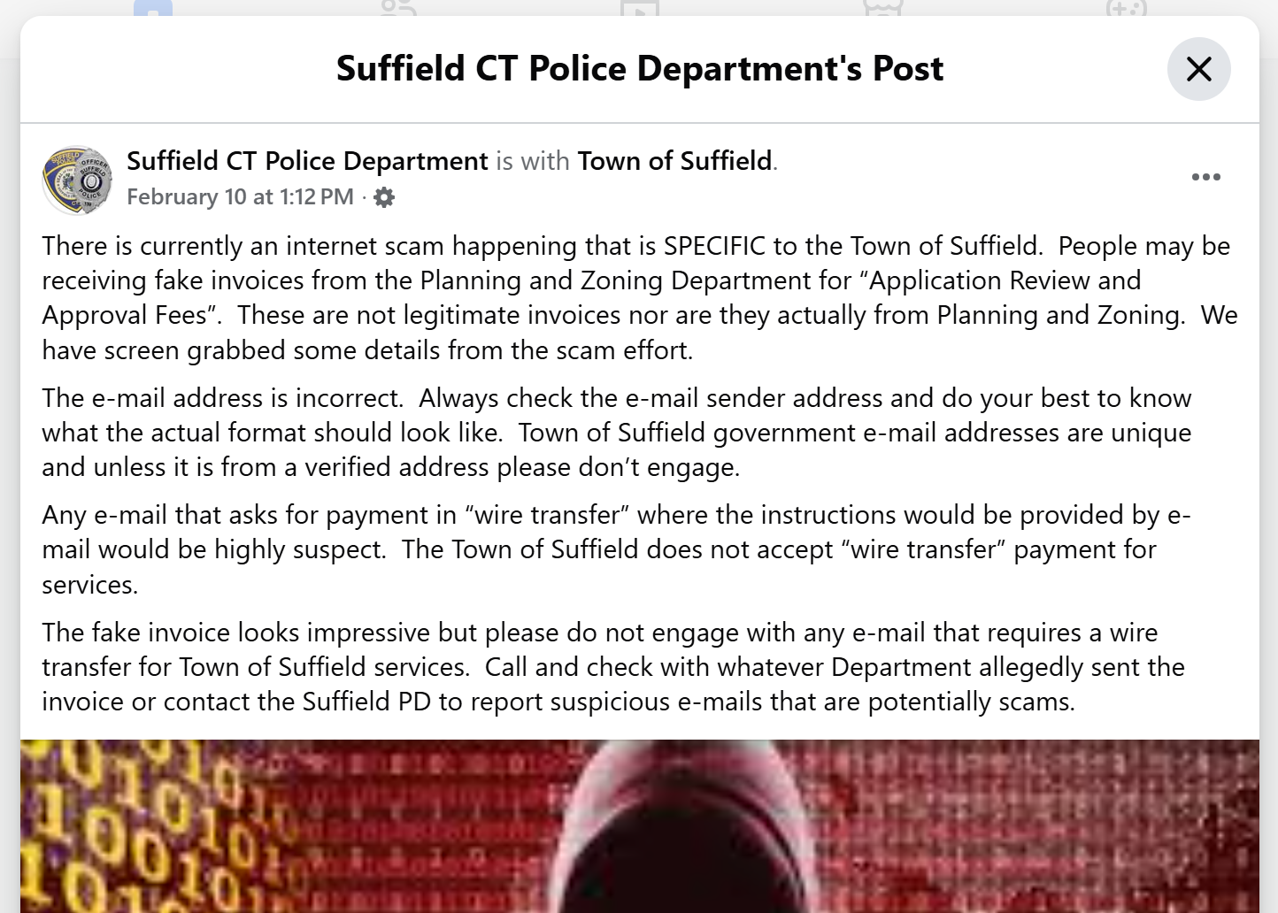 Scammers Are Posing As Suffield Officials [Suffield PD via Facebook]