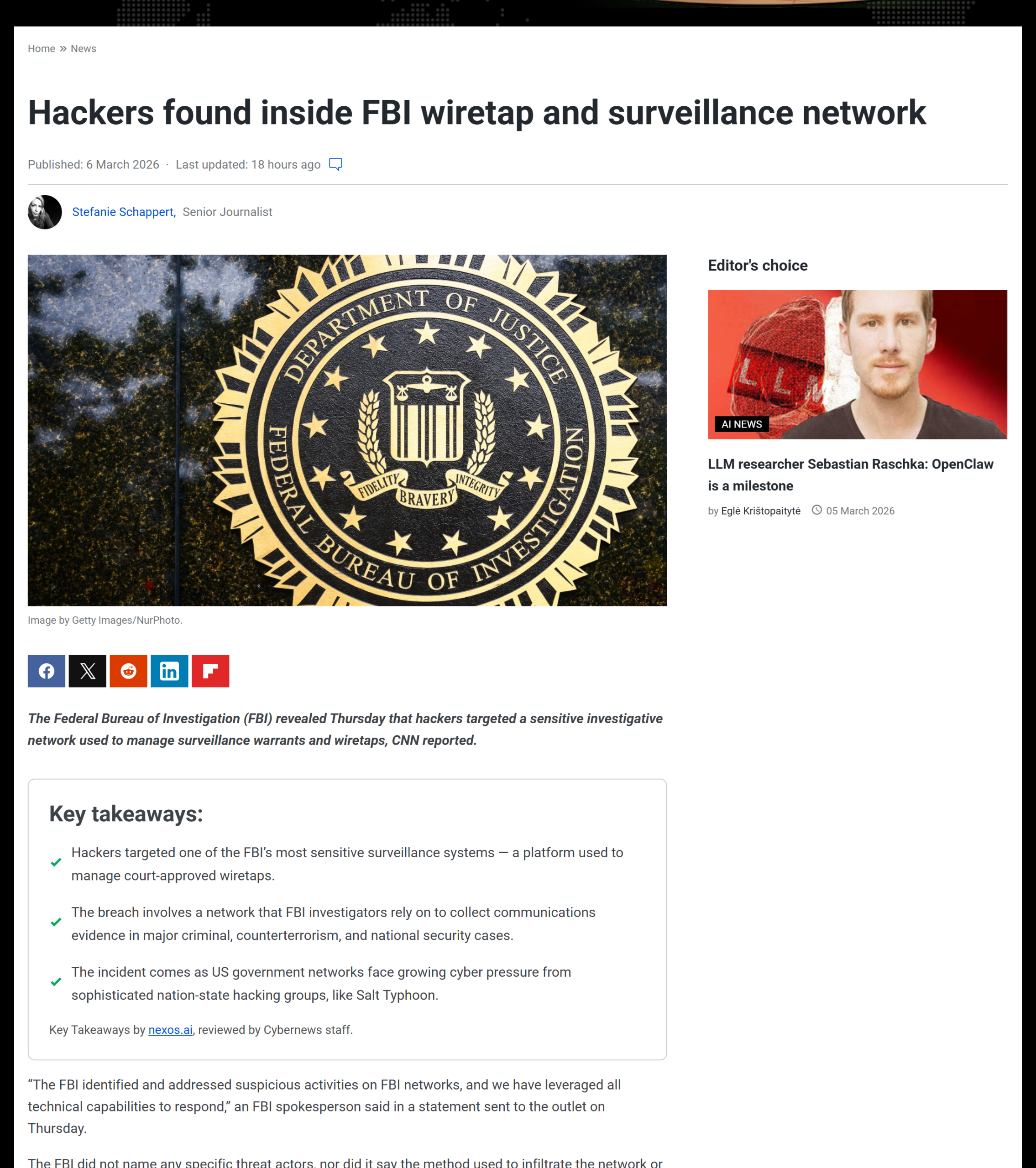 Hackers found inside FBI wiretap and surveillance network