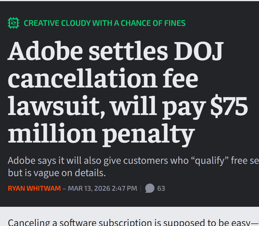 Adobe settles DOJ cancellation fee lawsuit, will pay $75 million penalty