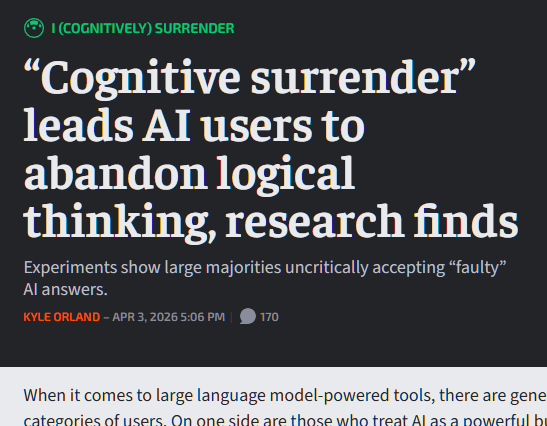 “Cognitive surrender” leads AI users to abandon logical thinking, research finds