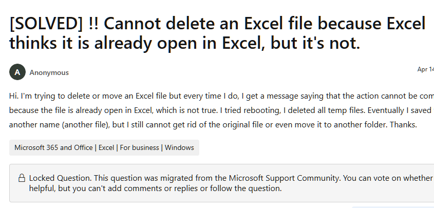 Cannot delete an Excel file because Excel thinks it is already open in Excel, but it's not